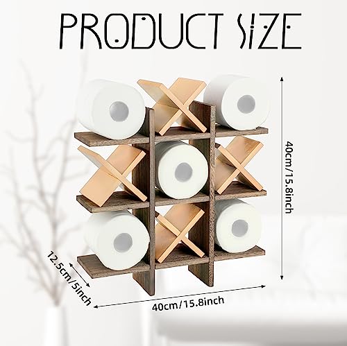 Weysat Tic Tac Toe Toilet Paper Holder Stand Bathroom Wall Decor Rustic Wooden Hanging Storage Freestanding Wall Mounted Shelves Decor for Toilet Tissue Farmhouse