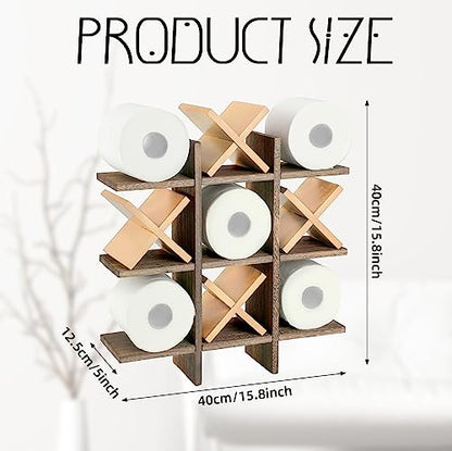 Weysat Tic Tac Toe Toilet Paper Holder Stand Bathroom Wall Decor Rustic Wooden Hanging Storage Freestanding Wall Mounted Shelves Decor for Toilet Tissue Farmhouse