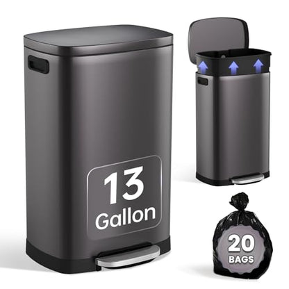 ELPHECO Kitchen Trash Can with Lid 13 Gal Stainless Steel Pedal Garbage Can | Soft Close Lid Pedal Heavy-Duty Fingerprint Proof Step Wastebasket with 20 Bags Removable Bucket, Home Office, Titanium Black - color: Titanium Black