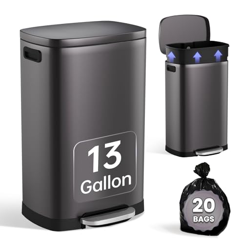 ELPHECO Kitchen Trash Can with Lid 13 Gal Stainless Steel Pedal Garbage Can | Soft Close Lid Pedal Heavy-Duty Fingerprint Proof Step Wastebasket with 20 Bags Removable Bucket, Home Office, Titanium Black - color: Titanium Black