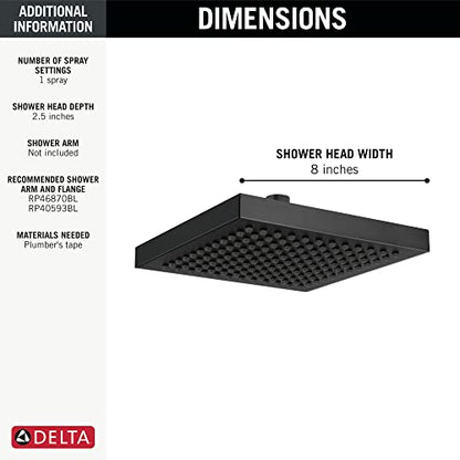 Delta Matte Black Rain Shower Head, 8 Inch Square Shower Head Rainfall, Overhead Rain Showerhead, 2.5 GPM Flow Rate, Matte Black RP50841BL - color: Matte Black, size: 2.5 GPM Water Flow