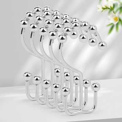 Resze 12PCS Shower Curtain Hooks, Metal Double Shower Curtain Rings, Chrome | Glide Roller Shower Hooks, Rust-Resistant Anti-Drop Shower Rings, Smooth Sliding Hooks for Bathroom Shower Rods Curtains - color: Chrome