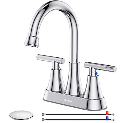 Bathroom Faucet, Hurran 4 inch Centerset 2-Handle Lead-Free, Chrome | Bathroom Sink Faucet with Pop-up Drain and Supply Lines, Stainless Steel Faucet for Vanity RV Restroom Laundry Outdoor Sink - color: Chrome
