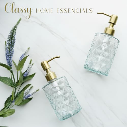 JASAI Diamond Design Glass Soap Dispenser with Golden Pump | Refillable Hand soap Dispenser for Kitchen, Soap Dispenser Bathroom for Soap, Hand soap, Dish Soap, Lotion. - color: Clearglass-golden Pump, style: Diamond