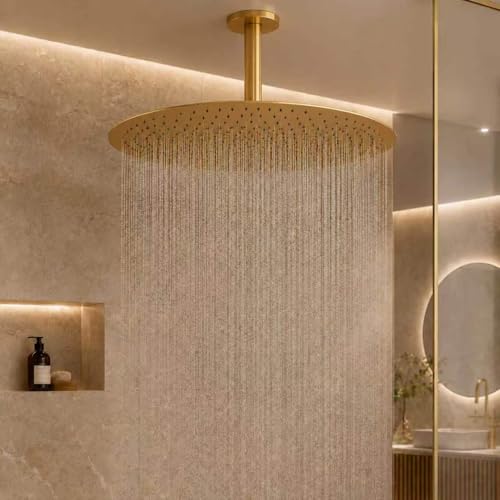 Gold Rain Shower Head, 16 Inch High Pressure Shower Head, 304 Stainless Steel Ceiling Mount Extra Large Waterfall Top Showerhead, Brushed Brass Gold - color: Brushed Brass Gold, size: 16-Inches, style: Round
