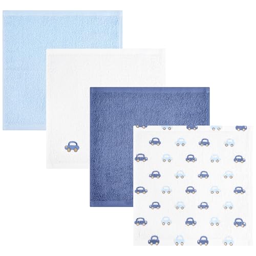 Baby Washcloths 4 Pack 100% Cotton Soft Absorbent Terry Washcloths 10 x 10 Inches for Sensitive Skin Face Hand Body Burp Cloths for Newborn Infants Toddlers Boys Girls (Blue Car) - color: Blue Car