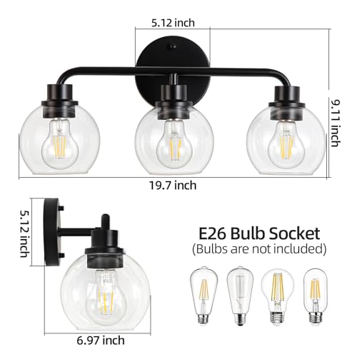 Bathroom Light Fixtures Black Vanity Light, 3 Light Modern Wall Sconces Lighting Bathroom Lights with Globe Clear Glass Shades, Bath Wall Lights Wall Lamp for Mirror Kitchen Living Room Hallway | Wall Sconces Lighting with Globe Clear Glass Shades, Bath W