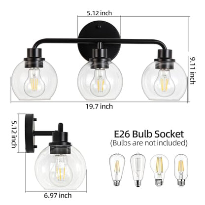 Bathroom Light Fixtures Black Vanity Light, 3 Light Modern Wall Sconces Lighting Bathroom Lights with Globe Clear Glass Shades, Bath Wall Lights Wall Lamp for Mirror Kitchen Living Room Hallway | Wall Sconces Lighting with Globe Clear Glass Shades, Bath W
