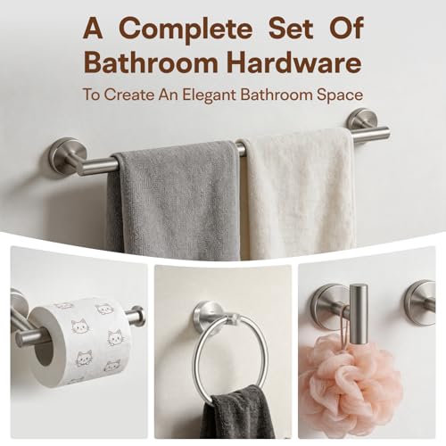 8 Pieces Bathroom Hardware Set, SUS304 Stainless Steel 24 Inch Bath Towel Bar Set, Round Bathroom Accessories Kit Wall Mounted Towel Holder (Brushed Nickel) - color: Brushed Nickel