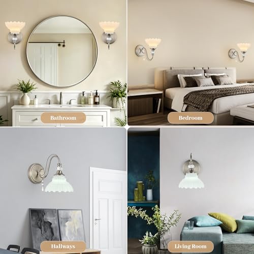 1 Piece Brushed Nickel Finish Wall Sconce, 1-Light Modern Wall Sconce with Hanging Crystal Accents and Flower-Shaped White Shades for Bathroom Bedroom Living Room,Modern Vanity Light - color: Nickel and White, size: 1-Light