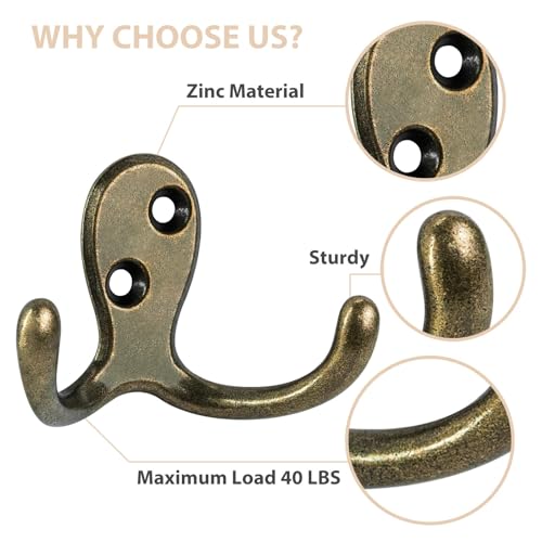 Homanu 14 Pack Coat Hooks, Heavy Duty Double Prong Coat Hooks Wall Mounted with 28 Screws, No Rust Antique Brass Metal Wall Hooks for Hanging Towel, Coat, Bag, Hat, Cup, Key - color: 14 Pcs Antique Brass