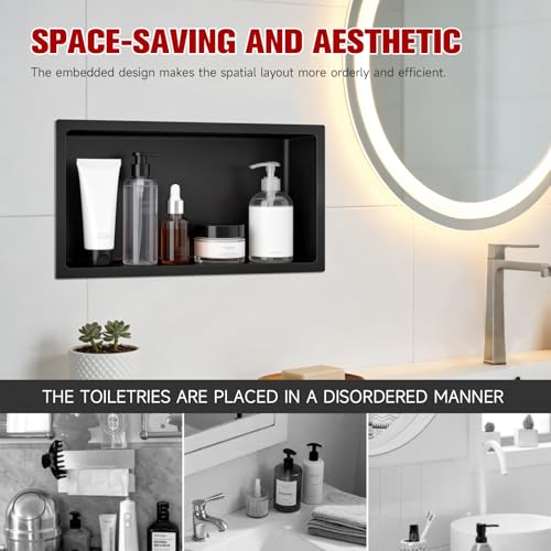 VELPAX No Tile Needed Shower Niche 12"X 24", Bathroom Wall Niche Single Shelf, Stainless Steel Shower Niche for Bathroom, Kitchens, Balconies - color: Black, size: 12"X 24" Single Shelf