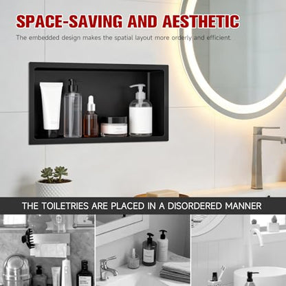 VELPAX No Tile Needed Shower Niche 12"X 24", Bathroom Wall Niche Single Shelf, Stainless Steel Shower Niche for Bathroom, Kitchens, Balconies - color: Black, size: 12"X 24" Single Shelf