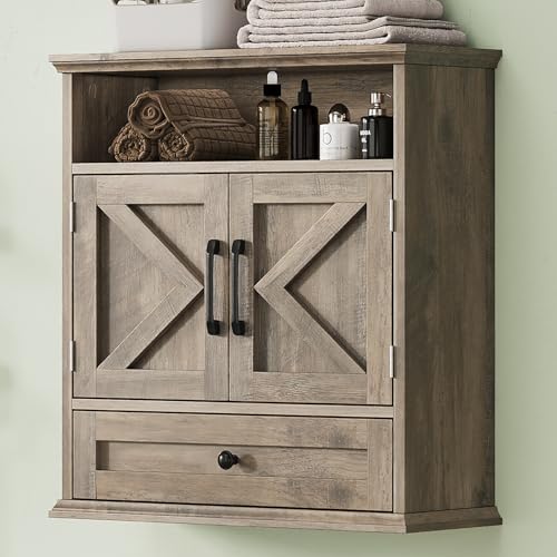 Bathroom Wall Cabinet, Wall Mounted Medicine Cabinet 24.4"H x 23.6"W x 9"D | With Drawer, Barn Doors & Adjustable Shelf, Grey Over Toilet Farmhouse Storage Cabinet for Kitchen, Laundry Room, Entryway - color: Grey