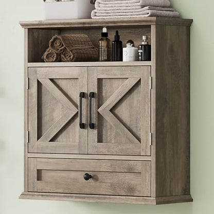Bathroom Wall Cabinet, Wall Mounted Medicine Cabinet 24.4"H x 23.6"W x 9"D | With Drawer, Barn Doors & Adjustable Shelf, Grey Over Toilet Farmhouse Storage Cabinet for Kitchen, Laundry Room, Entryway - color: Grey