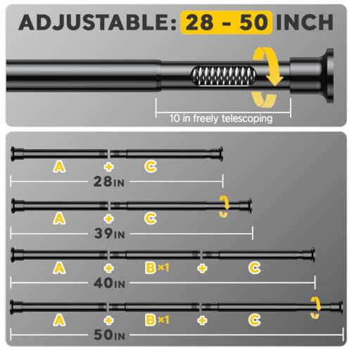 Black Tension Curtain Rods 28 to 50 Inch,1"Heavy Duty Shower Curtain Rod，No Slip No Drill Adjustable Shower Rod for Bathroom, Window, Closet & Wardrobe - color: Black, size: 28-50 inch
