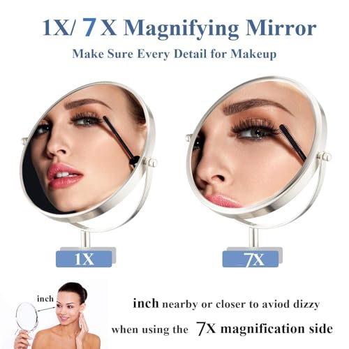 Height Adjustable Makeup Mirror 8 Inch Double-Sided 7X Magnification, Black Magnifying Makeup Mirror Round Tabletop Mirror Tall, Countertop Standing Cosmetics Black Finish