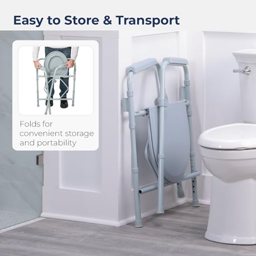 Drive Medical Folding Steel Bedside Commode Chair, 3-in-1, Gray | Folding Steel Bedside Commode Chair Offers 3-in-1 Portable Toilet Design with 7.5 Qt Bucket and 350 Lb Capacity