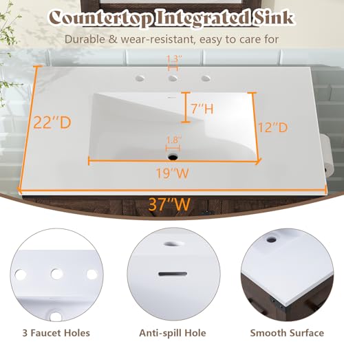 AMERLIFE 36" Brown Farmhouse Bathroom Vanity with Sink and 2 Drawers | Rustic Brown, Single Solid White Integrated Top, Moisture-Resistant MDF, 2 X-Panel Doors, 2 Drawers, Open Shelf, Towel Holder - color: Rustic Brown, size: 36”