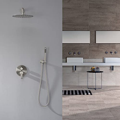 Iriber Brushed Nickel Shower System Wall Mounted Shower Faucet Mixer Set with 12 Inches Rain Shower head and Handheld, Bathroom Shower Trim Kit Contain Pressure Balance Valve - color: Brushed Nickel 02