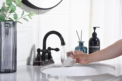 Oil Rubbed Bronze 4 Inch Centerset Bathroom Sink Faucet 3 Hole with Drain | Derengge High Arc Classic 2-Handle Bathroom Sink Faucet, Vanity Lavatory Faucet with 360° Swivel Spout,F-4501-NB - color: Oil Rubbed Bronze