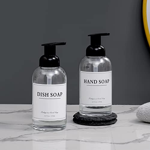 2 Pack Foaming Soap Dispenser, 12.7 Oz Thick Glass Pump, Clear Black | Refillable Foam Soap Bottles for Hand Soap and Body Wash, Ideal for Bathroom Countertop, Kitchen Sink and More - color: Clear