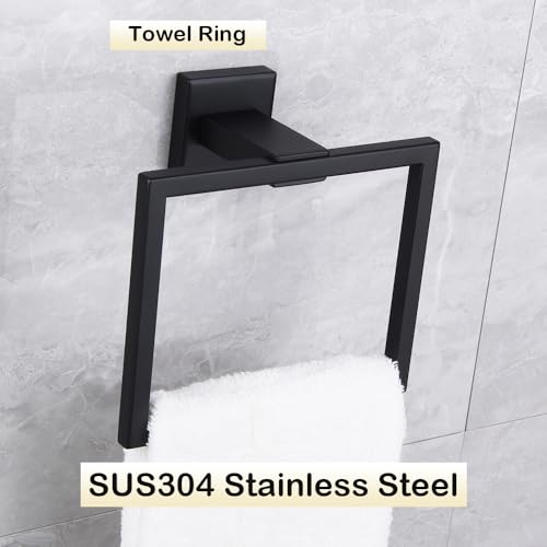 Matte Black Hand Towel Holder for Bathroom SUS 304 Stainless Steel Towel Ring Simple Square Towel Hanger Heavy Duty Hand Towel Racks Wall Mount - color: Black