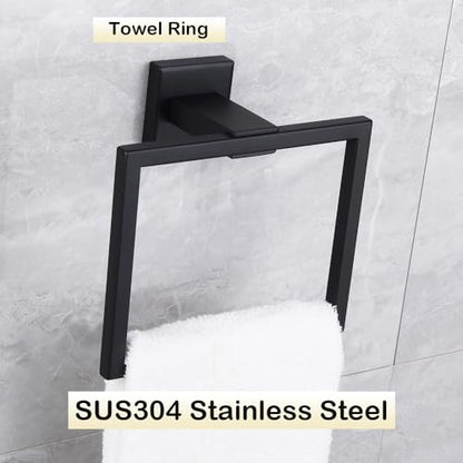 Matte Black Hand Towel Holder for Bathroom SUS 304 Stainless Steel Towel Ring Simple Square Towel Hanger Heavy Duty Hand Towel Racks Wall Mount - color: Black