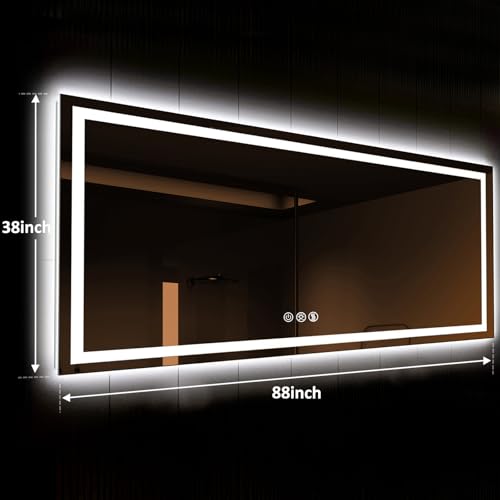 ROOMTEC 88x38 Inches LED Bathroom Mirror with Lights, Vanity Mirror with Front and Backlight, Smart Dimmable Anti-Fog LED Mirror for Bathroom, Memory Function, Tempered Glass (Horizontal) - size: 88"L x 38"W