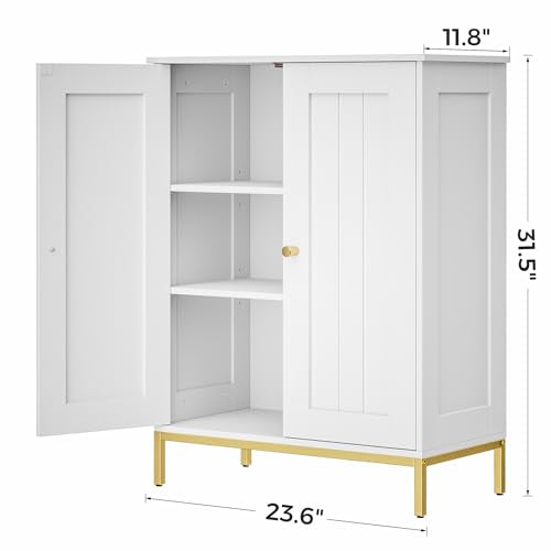 Homhedy Bathroom Storage Cabinet, Freestanding Floor Cabinet, White | Bathroom Organizers and Storage, Adjustable Shelves, Small Cabinet for Bathroom Living Room Laundry Room