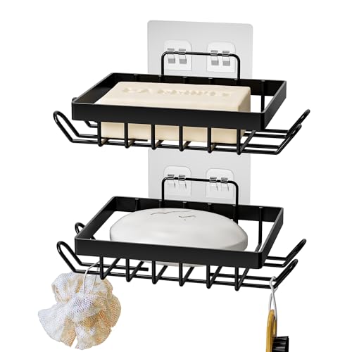 Vowupt Soap Bar Holder for Shower with 8 Hooks, Set of 2 Bar Soap Dish for Bathroom, Self Draining Shower Soaps Holder, Adhesive Soaps Saver Soap Tray Stand for Bathroom Accessories(Black)