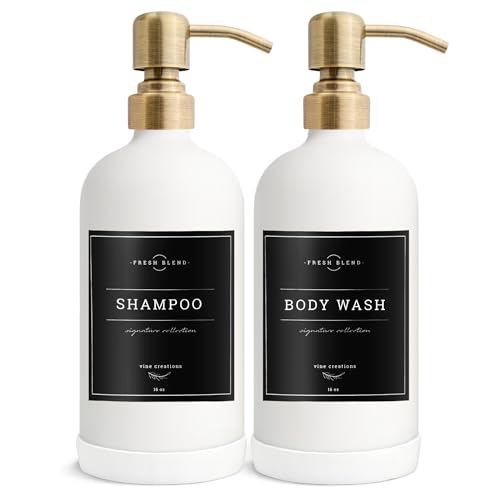 Vine Creations White Glass Soap Dispenser, 2 Pack Kitchen Soap Dispenser Set with Stainless Steel Pump, 16 oz Dish Soap and Hand Soap Dispensers for Bathroom with Waterproof Labels - color: Matte White Bottle / Brushed Brass Pump