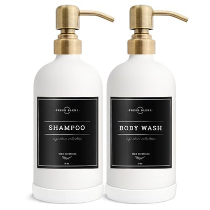 Vine Creations White Glass Soap Dispenser, 2 Pack Kitchen Soap Dispenser Set with Stainless Steel Pump, 16 oz Dish Soap and Hand Soap Dispensers for Bathroom with Waterproof Labels - color: Matte White Bottle / Brushed Brass Pump