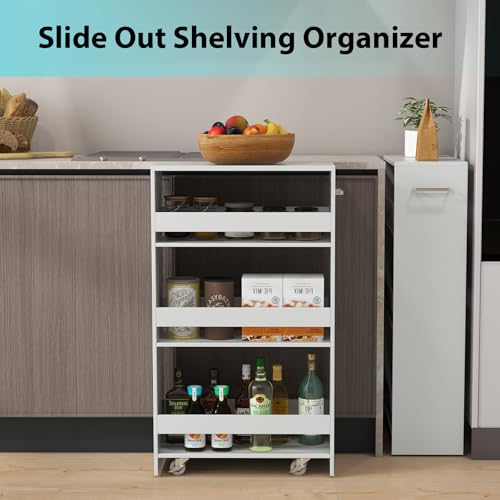POWERSTONE 4-Tier Slim Storage Cart, Narrow Kitchen Rolling Cart w/Handle & Open Shelves, Skinny Slide Out Utility Organizer Trolley for Kitchen Bathroom Laundry Small Spaces White - color: White