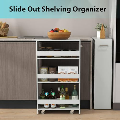 POWERSTONE 4-Tier Slim Storage Cart, Narrow Kitchen Rolling Cart w/Handle & Open Shelves, Skinny Slide Out Utility Organizer Trolley for Kitchen Bathroom Laundry Small Spaces White - color: White
