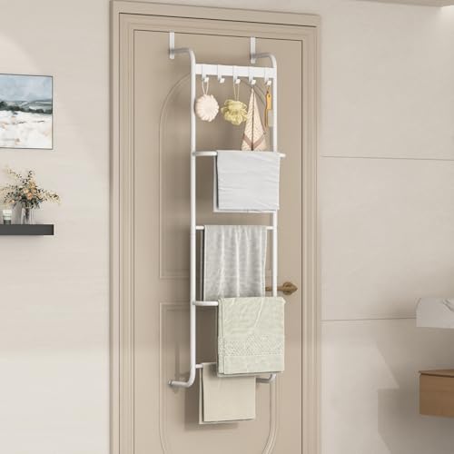 5 Tier Over The Door Towel Racks for Bathroom Wet Towel Drying Rack Clothing Storage Holder with Hooks (White, 5 Tier) - color: White
