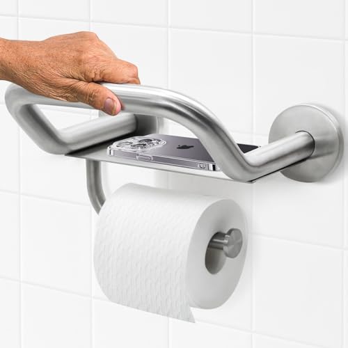 Grab Bar Toilet Paper Holder, 3-in-1 Bathroom Grab Bar with Toilet Holder and Phone Shelf, 304 Stainless Steel Safety Toilet Paper Grab Bar, Wall Mount Toilet Paper Holder for Seniors - size: 8.9 inch wide