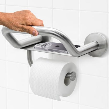 Grab Bar Toilet Paper Holder, 3-in-1 Bathroom Grab Bar with Toilet Holder and Phone Shelf, 304 Stainless Steel Safety Toilet Paper Grab Bar, Wall Mount Toilet Paper Holder for Seniors - size: 8.9 inch wide