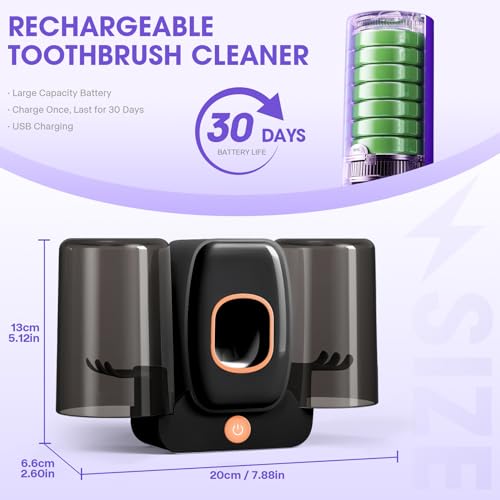 LXIANGN 3 in 1 Toothbrush Cleaner Holders,Rechargeable Wall Mounted Toothbrush Holder Toothpaste Dispenser Automatic 2 Cups Tooth Brush Holder for Bathroom, No Drilling, 4 Slots, Black - color: Black