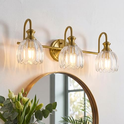 AUTELO 3-Light Gold Vintage Bathroom Light Fixtures Over Mirror, Clear | 19.7 Inch Brass Vanity Lights with Ribbed Tulip Glass Shade, Modern Wall Sconces for Bathroom Bedroom Hallway Living Room - color: Clear Glass & Brushed Gold, 19.69", size: 3 Light