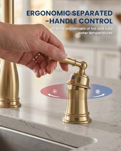 DAYONE Brushed Gold Kitchen Sink Faucet - Separate Handle 3 Holes，Gold Pull Down Faucet with Soap Dispenser，Sink Faucet for Kitchen, Single Handle High Arc - color: Brushed Gold, style: Separate handle
