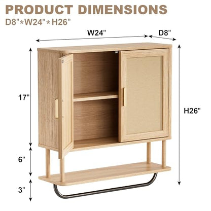 Rattan Bathroom Wall Cabinet with Towel Bar, Wall-Mounted Medicine Cabinet with Adjustable Wood Shelf & Doors, Over the Toilet Storage Cabinet for Laundry Room & Kitchen & Living Room - color: Rubberwood