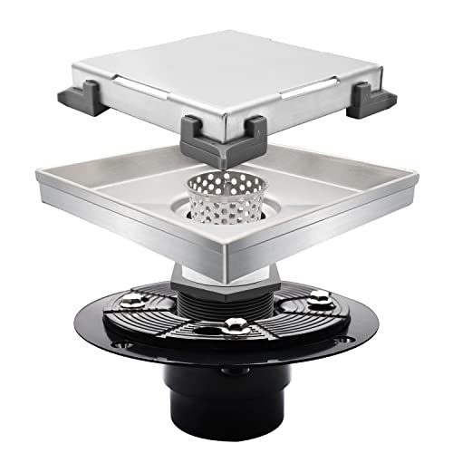 Micmi 6 Inch Shower Floor Drain with Adjustable Quadrato Pattern Grate, 304 Stainless Steel, PVC Shower Drain Base, Rubber Gasket, Hair Strainer (1 Pack, Brushed Nickel, 6 in Tiled with Flange) - size: 6 IN Tiled with Flange
