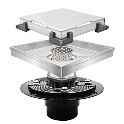 Micmi 6 Inch Shower Floor Drain with Adjustable Quadrato Pattern Grate, 304 Stainless Steel, PVC Shower Drain Base, Rubber Gasket, Hair Strainer (1 Pack, Brushed Nickel, 6 in Tiled with Flange) - size: 6 IN Tiled with Flange