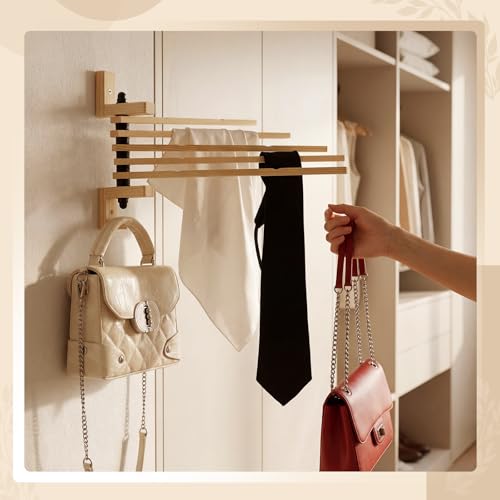 9 x 13 Inch Wood Swivel Towel Rack Wall Mounted Foldable Drying Rack with Anti-Slip Arms, Space Saving Towel Holder for Bathroom Laundry Room Closet, Pine Wood Hanger (5 Bar)