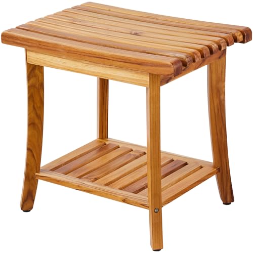 VEVOR Teak Shower Bench, 20in Waterproof Wood Shower Stool with Storage Shelf Non-Slip Foot Pads, 400 lbs Load Capacity Shower Chair Seat, for Bathroom Indoor and Outdoor Use - size: 20in