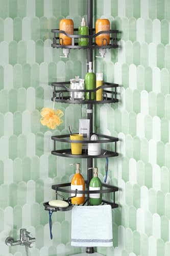HAMITOR Corner Shower Caddy Tension Pole: Rustproof Stable 4-Tier Bathroom Organizer Shelves for Bathtub Shampoo Storage - 47-121 Inch Quick Install Adjustable Standing Rack with Soap Rack - Black - color: B-Black