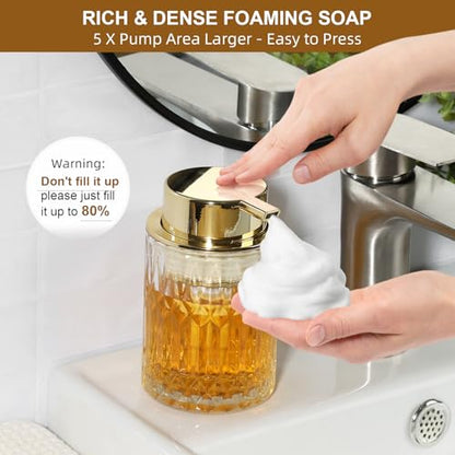 RYTOXILO Foaming Soap Dispenser, Gold Glass Foam Hand Soap Dispenser for Bathroom, Refillable 7.8 Fl Oz Foamy Pump Bottle with Plastic Golden Pump, Modern Dish Soap Foam Dispenser Container - color: Clear Bottle+ Gold Pump