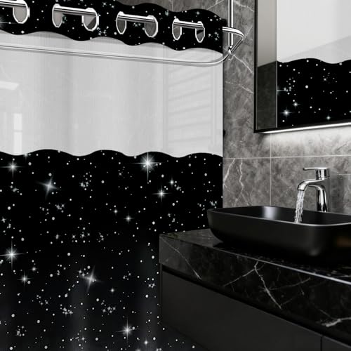 Star Moon Hookless Shower Curtain with Snap in Liner, Space Black and White Watercolor Night Sky Galaxy No Hook Double Layer Shower Curtains and Liner Set, Waterproof Cloth Fabric 71" W X 74" L - color: Black, size: 71"W x 74"L (Pack of 1)