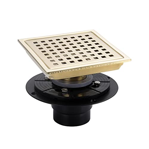 Brushed Gold Shower Drain Square，6 Inch SUS 304 Stainless Steel Removable Grid Strainer Cover,with Adjustable Drain Flange Kit Base PVC,Brass Finish